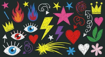 Obraz premium Dynamic collection of hand-drawn style graphic elements featuring vibrant stars, fiery flames, expressive hearts, and bold lightning bolts, perfect for unique design projects