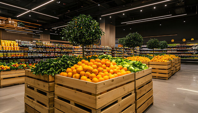 Bright, clean grocery store interior fresh produce in wooden crates. Offers stylish, sustainable shopping experience with ample