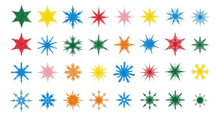 Diverse array of colorful vector graphic shapes, featuring abstract stars and whimsical snowflakes, ideal for digital design projects and creative illustrative assets