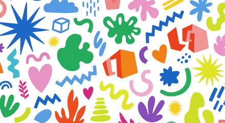 Vibrant abstract seamless pattern featuring a playful assortment of colorful hand-drawn and geometric shapes, perfect for contemporary design backgrounds and creative projects