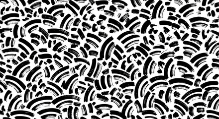 Monochrome graphic illustration featuring an intricate array of organic brushstroke patterns, dots, and flowing lines for a contemporary artistic backdrop