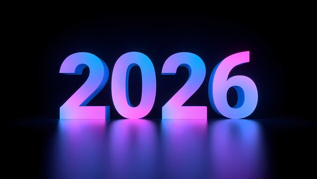 A premium 3D render of the year 2026 in a glowing, futuristic pink and blue light, a 4K ultra detailed image on a black background.