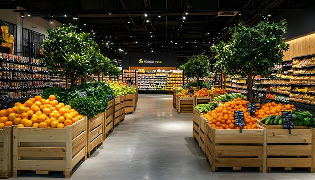 Bright, clean grocery store interior fresh produce in wooden crates. Offers stylish, sustainable shopping experience with ample