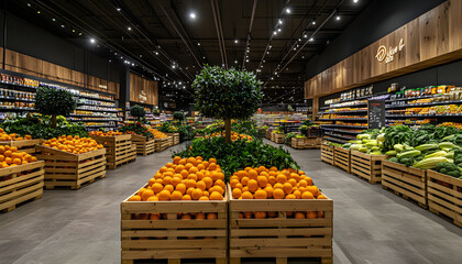 Bright, clean grocery store interior fresh produce in wooden crates. Offers stylish, sustainable shopping experience with ample