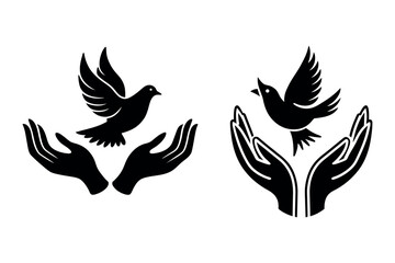 Obraz premium hands holding birds in flight silhouette