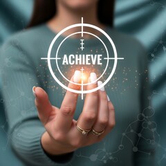 Woman holding a glowing target with the word achieve in the center symbolizing success