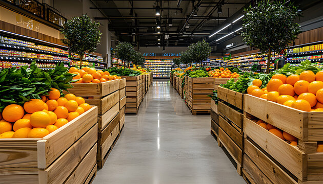 Bright, clean grocery store interior fresh produce in wooden crates. Offers stylish, sustainable shopping experience with ample