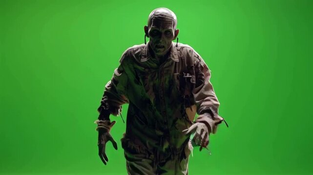 Creepy zombie walks slowly with menacing movements against bright green screen backdrop for scary film footage