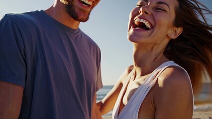 A man and woman laughing on the beach. A man smiling on the beach. A young woman is outside in the summer with her friends and family carefree. A couple is chuckling on the shoreline lifestyle.