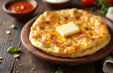 Close-up shot of Aloo Paratha flatbread on wooden plate with melting butter. Traditional Indian cuisine dish. Side dishes are tomato sauce and cream. Spicy food, delicious homemade meal.