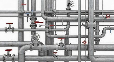 Intricate network of industrial pipes and valves against a plain white background.