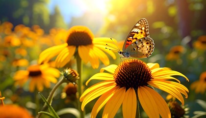 Butterfly resting on a vivid yellow flower in a sunlit garden landscape