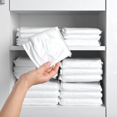 Woman's hand holding a sanitary pad pack in a white cabinet