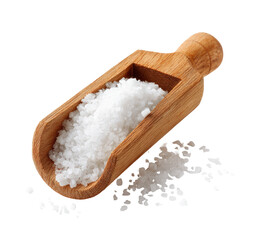Wooden scoop filled with white salt crystals