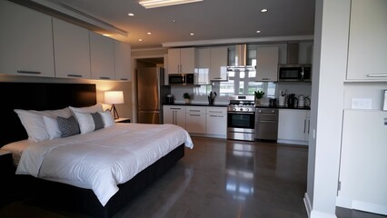 Fototapeta premium Bedroom with kitchen and refrigerator. Interior of modern studio apartment. Sleek and elegant dining room with bed and kitchen with a sleek decor. A bedroom equipped with a kitchen and a lifestyle.