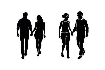 four people walking together in a line silhouette