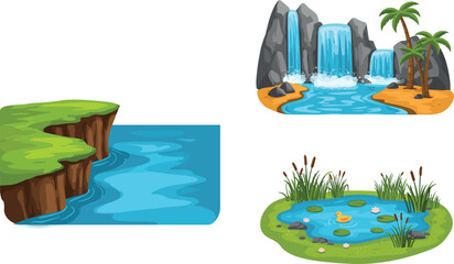 Vector illustration set of river cliff, tropical waterfall with palm trees, and duck pond with reeds, cartoon nature elements for design.