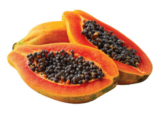 Two halves of a papaya, close-up.  The flesh is orange-red, and the seeds are dark, speckled