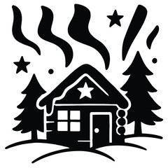 Cozy cabin nestled amongst snow-covered pine trees with aurora borealis and starry night sky