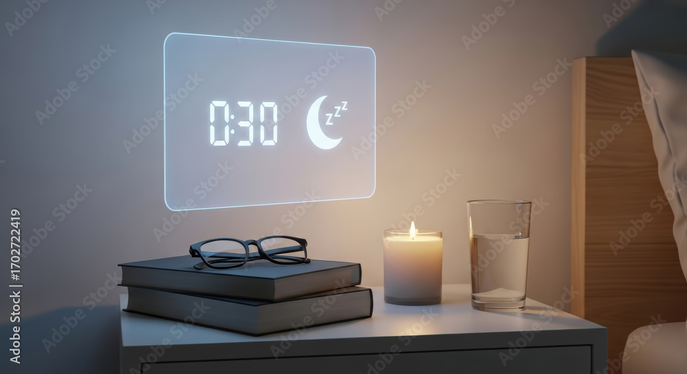 Poster modern bedside table with digital clock projection displaying time and sleep symbol, featuring glass