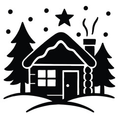 Naklejka premium Charming winter cabin nestled in a snowy forest scene, depicted as a simple black and white graphic icon, evoking a cozy holiday atmosphere perfect for seasonal designs