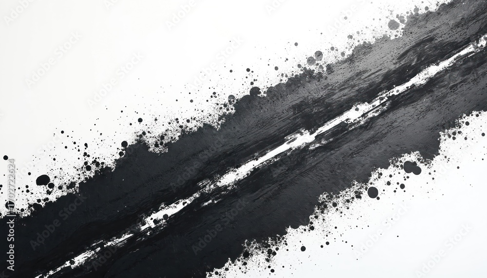 Poster abstract artwork features bold black paint strokes against white backdrop. dynamic composition inclu