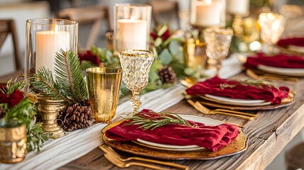 Elegant christmas table setting with candles and gold accents for festive dining