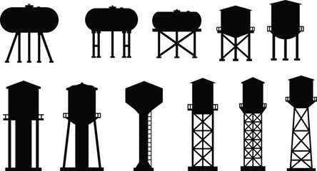 Silhouette vector collection of various elevated water tanks, industrial storage towers, and vintage water towers for architecture, infrastructure, and engineering design elements.