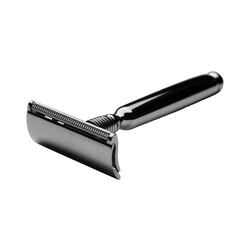 Chrome Safety Razor Lying Diagonally | Classic Metal Grooming Razor on White Background | Shiny Chrome Razor for Men&rsquo;s Shaving