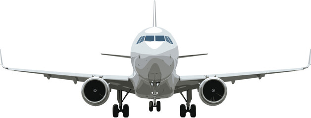 Front view commercial airplane vector illustration, modern passenger aircraft landing, detailed aviation drawing, isolated on white, jet airliner vector template