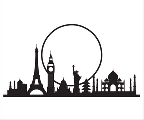 Fototapeta premium Silhouette of world famous landmarks isolated on white, global travel vector design
