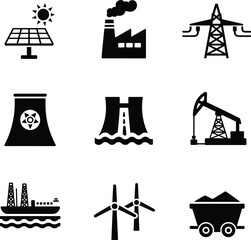 Set of energy production icons, solar panel, power plant, electricity tower, nuclear reactor, oil pump, wind turbine, coal mining, and renewable energy source symbols