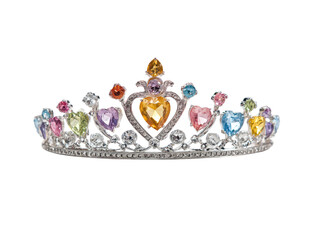 A child's tiara adorned with colorful gems and hearts.  A decorative headband,  sparkling with various shades of  pastel gems