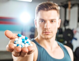 Man holding handful of pills in gym