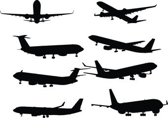 Set of diverse airplane silhouettes, multiple jet aircraft shapes, black aircraft vector icons, aviation illustrations, airliner design, flight transportation, and travel icons