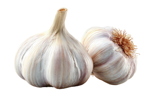 Two whole heads of garlic, close-up, against a black background.  The bulbs are light gray-white with reddish-brown accents on their outer layers.  Stems are visible
