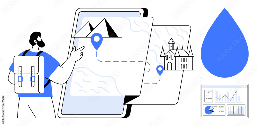 Poster man with a backpack using a digital map featuring pinned landmarks, a castle, mountain, data analyti