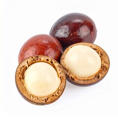 Guaranas on Isolated White Background – Red Skinned Seeds with White Interior and High Caffeine Content