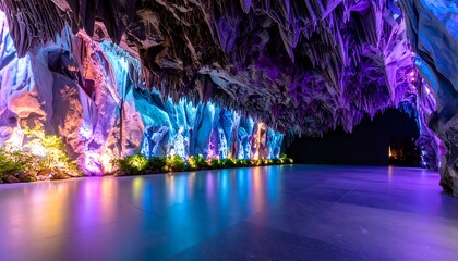 Illuminated Cave Interior with Stalactites and Reflections