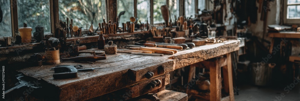 Poster Workshop Displaying Tools and Woodworking Equipment in a Rustic Setting During Daylight Hours