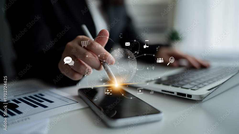 Poster visualization of global digital communication and online across multiple platforms, including global