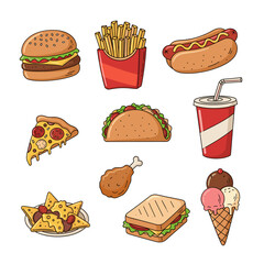 Set of  fast food icons in hand drawn doodle style. Vector illustration with burger, fries, hot dog, pizza slice, taco, soda cup, fried chicken, nachos, sandwich, ice cream cone