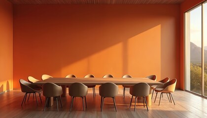 Bright corporate meeting event room setup with long wooden table, chairs. Orange wall, landscape window view. Interior for team collaboration, workshop, conference, training. Business space.