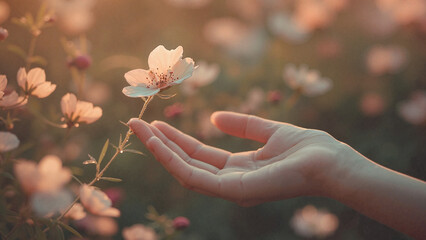 Close-up of hand touching flower, tactile awareness and present connection