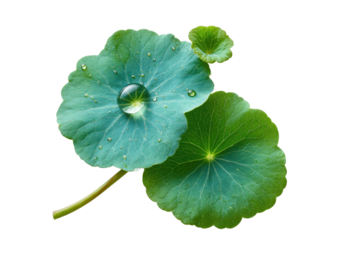 Close-up of two overlapping, round leaves, vibrant teal and green. A dewdrop rests on the upper leaf