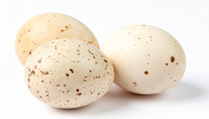 Guinea Fowl Eggs on Isolated White Background – Speckled Creamy Shells with Textured Surface and Macro Studio Lighting
