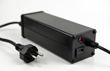 Black power supply unit with EU plug isolated on white background. Compact device features USB ports, power indicator light. Ideal for laptops, notebooks, electronic devices requiring reliable energy.