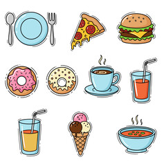 Set of  food and drink icons in hand drawn doodle style. Vector illustration with plate, spoon, fork, pizza slice, burger, donut, cup of coffee, glass of juice, ice cream, bowl of soup