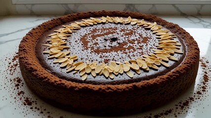 Decadent chocolate tart adorned with sliced almonds and dusted with powdered sugar. - Powered by Adobe
