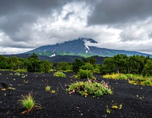Volcanic landscape under dramatic sky